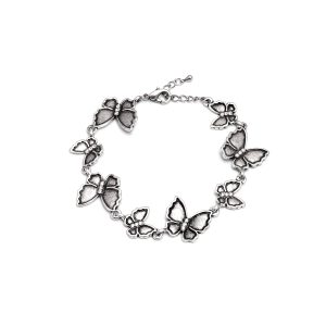 B-RH-12-rodney-holman-silver-butterfly-bracelet - Make Me Beautiful - the clip on earrings specialists Rodney Holman bracelet with eight silver-tone butterfly charms, black outlining and diamante detail