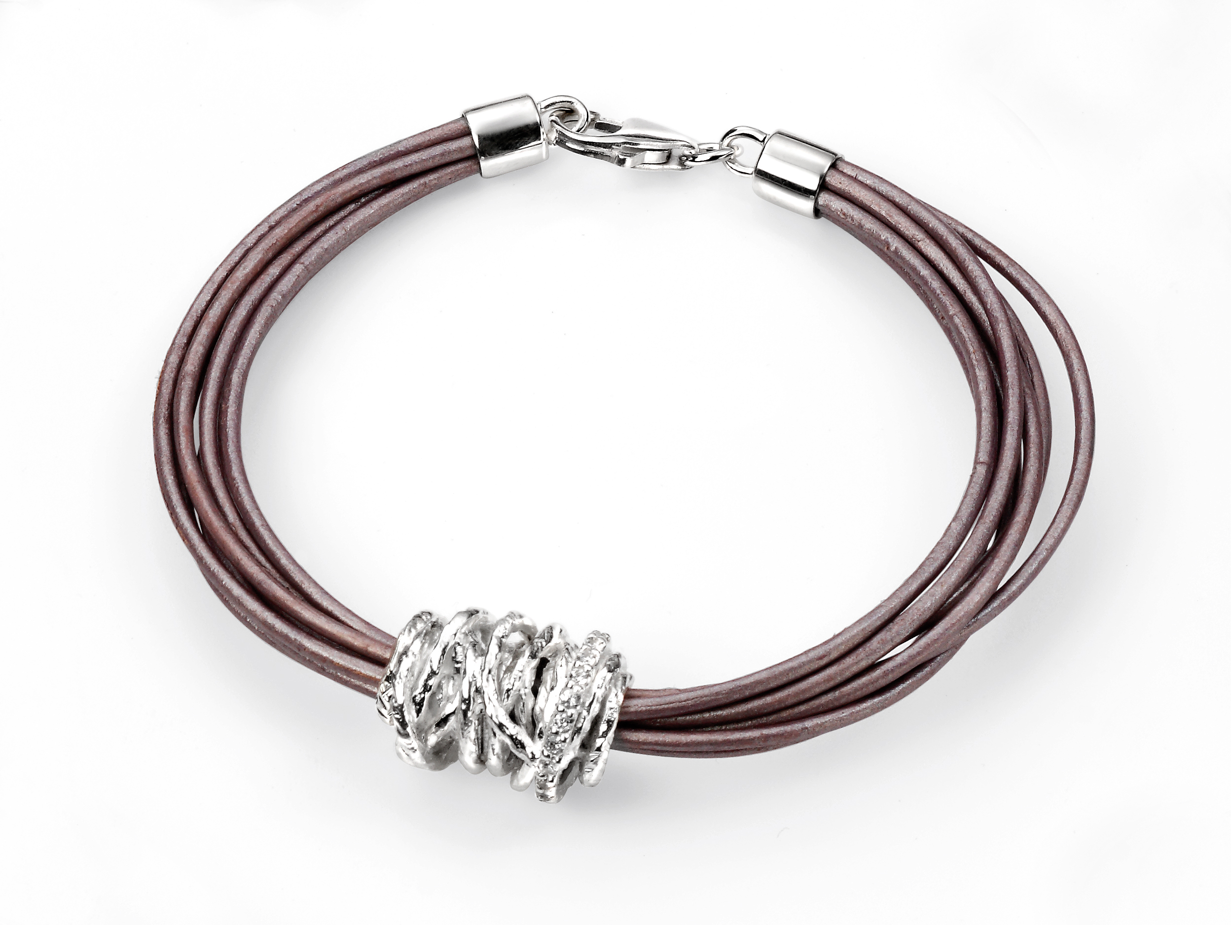 Elements Silver Cubic Zirconia and Brown Leather Bracelet - Make Me Beautiful - the clip on earrings specialists Elements Silver Cubic Zirconia and Brown Leather Bracelet