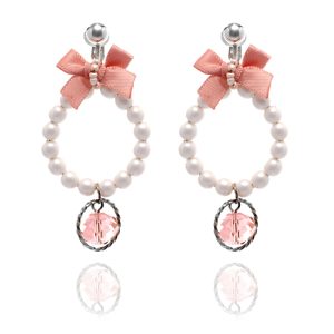 Petite hoop clip-on earrings trimmed with white pearls, a nude crystal bead drop and a pink bow