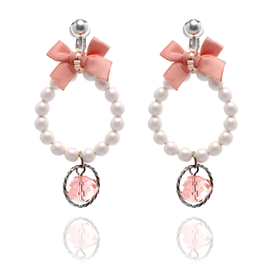 ERCL-72-MJ-bead-bow-pearl-hoop-clip-earrings - Make Me Beautiful - the clip on earrings specialists Petite hoop clip-on earrings trimmed with white pearls, a nude crystal bead drop and a pink bow