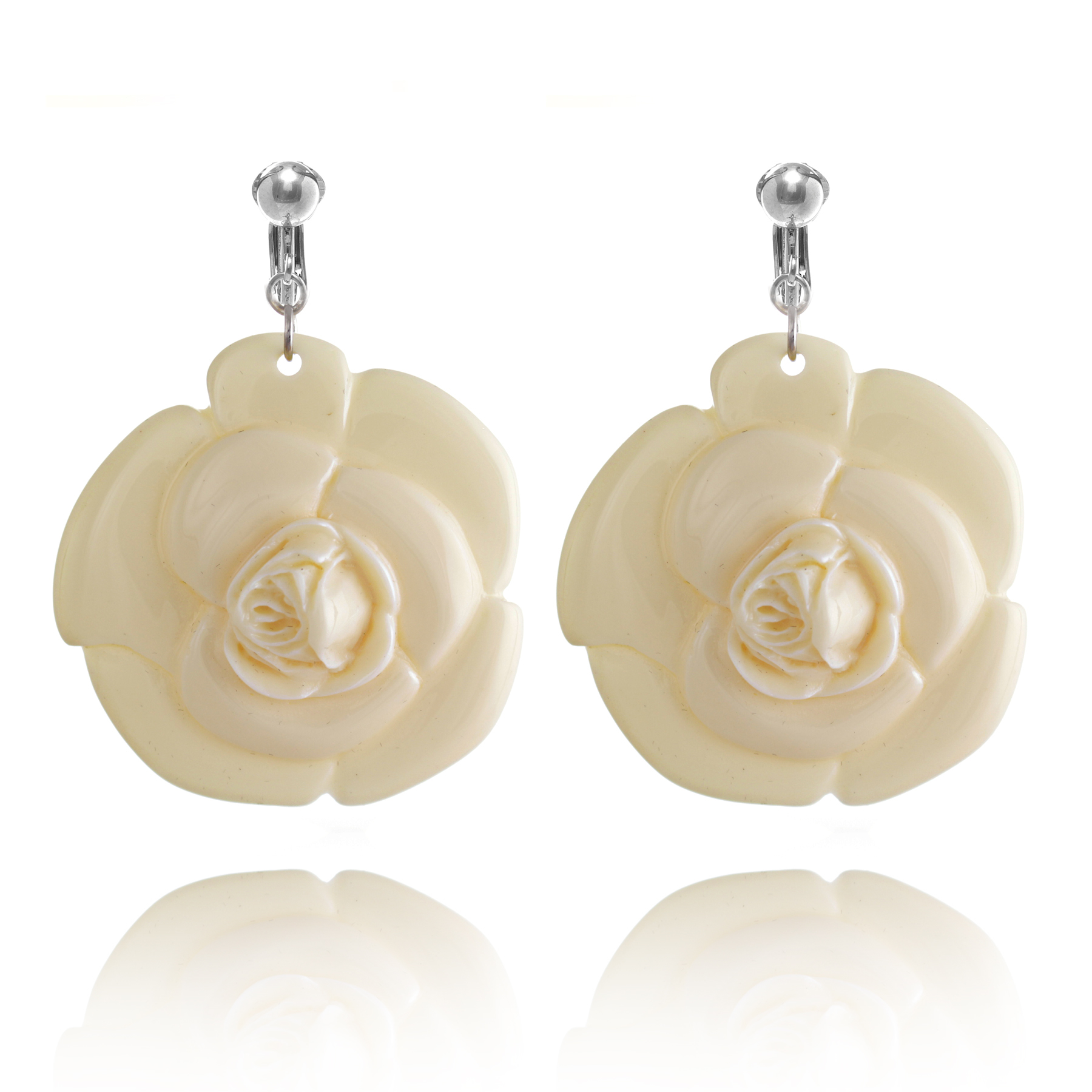ERCL-AMB-173 White Rose Clip On Earrings - Make Me Beautiful - the clip on earrings specialists ERCL-AMB-173 White Rose Clip On Earrings