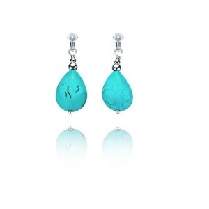 ERCL-BG-27 Basics Sterling Silver Imitation Turquoise Teardrop Clip On Earrings - Make Me Beautiful - the clip on earrings specialists ERCL-BG-27 Basics Sterling Silver Imitation Turquoise Teardrop Clip On Earrings