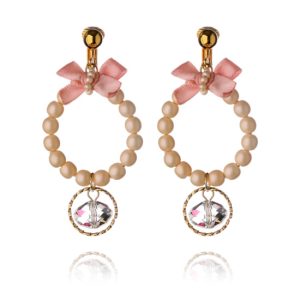 Petite gold hoop clip-on earrings trimmed with peachy-pink pearls, a crystal bead drop and a pink bow