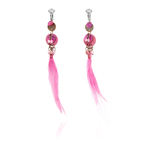 ERCL-MJ-69 Boho Beaded Feather Clip On Earrings - Pink - Make Me Beautiful - the clip on earrings specialists ERCL-MJ-69 Boho Beaded Feather Clip On Earrings - Pink