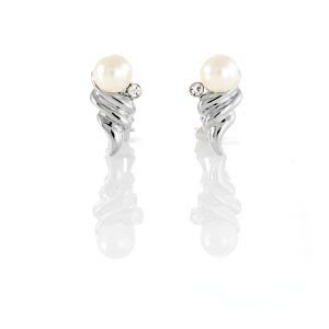 Rodney Holman clip-on earrings with a faux pearl orb above a rhodium swirl and cubic zirconia crystal, 2cm