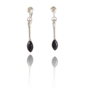 Rodney Holman long rhodium-plated drop clip-on earrings with a dark crystal at the base