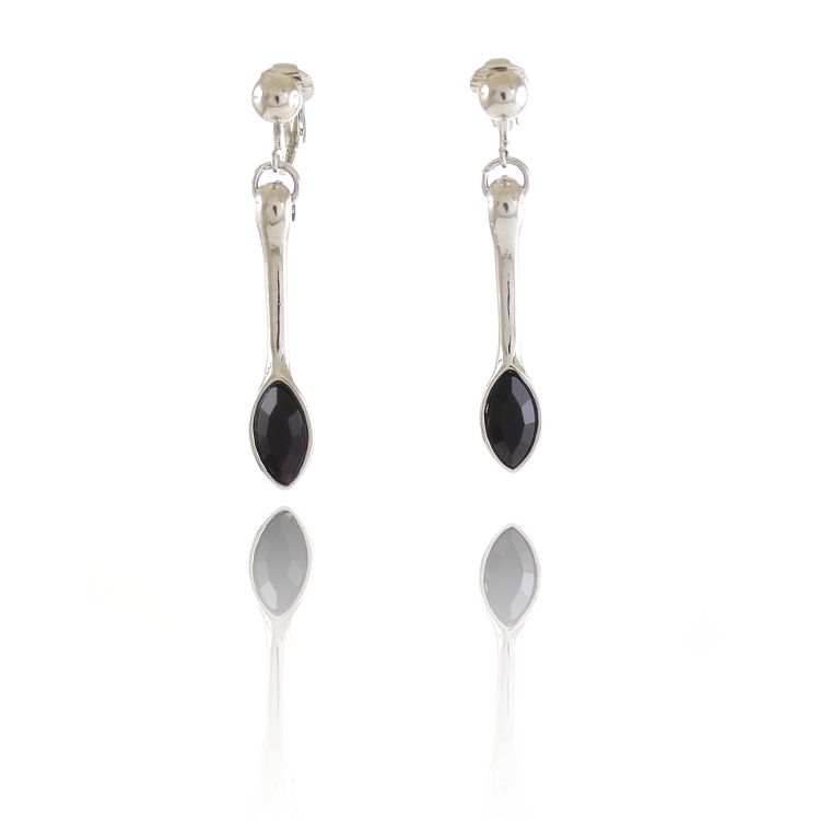 ERCL-RH-243-rodney-holman-black-drop-clip-earrings-silver - Make Me Beautiful - the clip on earrings specialists Rodney Holman long rhodium-plated drop clip-on earrings with a dark crystal at the base