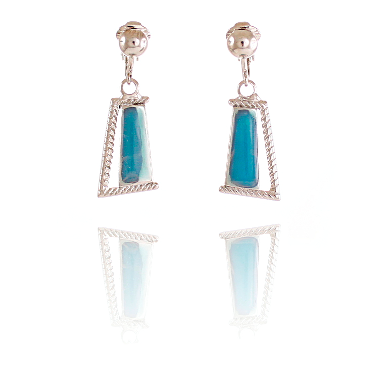 ERCL-RH-249-rodney-holman-dangle-clip-earrings-blue - Make Me Beautiful - the clip on earrings specialists Rodney Holman bias-cut dangle clip-on earrings with inset ridging and a blue enamel panel