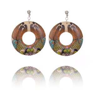 Hand-painted wooden disc clip-on earrings with Japanese koi carp tattoo artwork, 5cm