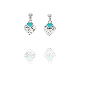 Petite 925 sterling silver filigree heart clip-on earrings with imitation turquoise accents
