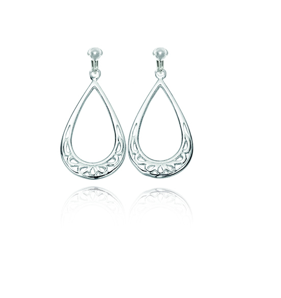 ERCL-BG-45 Basics Sterling Silver Patterned Teardrop Hoop Clip On Earrings - Make Me Beautiful - the clip on earrings specialists ERCL-BG-45 Basics Sterling Silver Patterned Teardrop Hoop Clip On Earrings