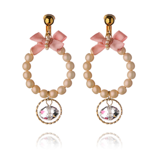 ERCL-BM-21 - Make Me Beautiful - the clip on earrings specialists Petite gold hoop clip-on earrings trimmed with peachy-pink pearls, a crystal bead drop and a pink bow