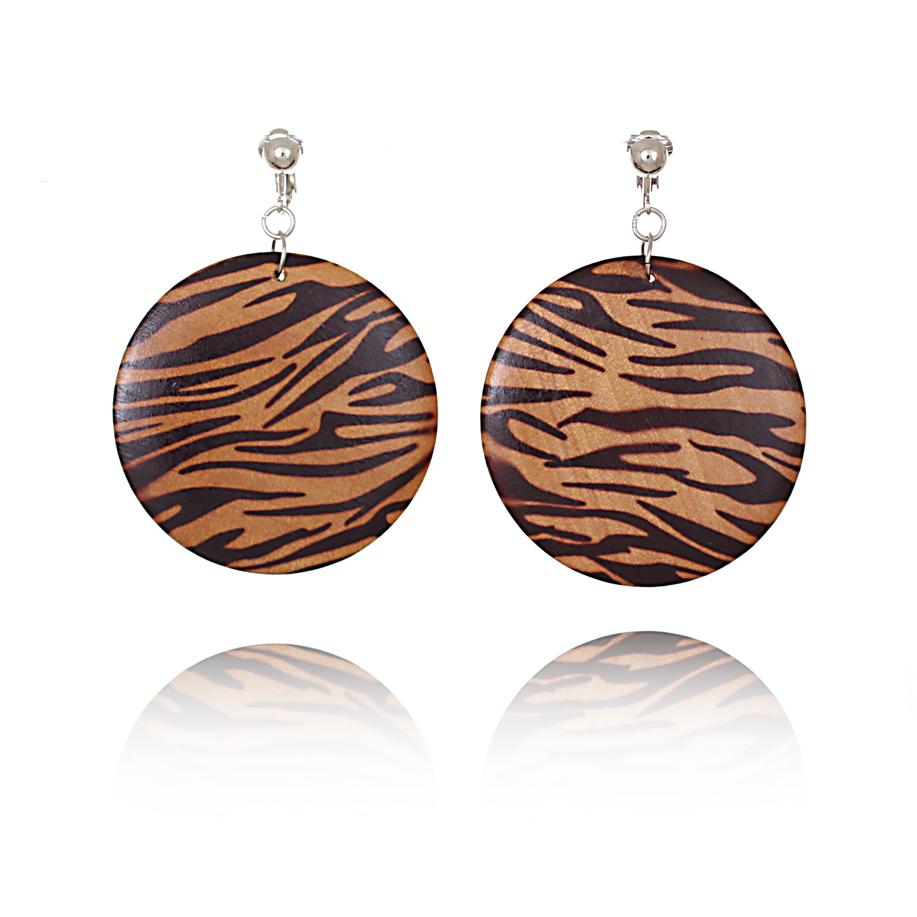 ERCL-JC-52 Wooden 6cm Disc Clip On Earrings - Tiger Print - Make Me Beautiful - the clip on earrings specialists ERCL-JC-52 Wooden 6cm Disc Clip On Earrings - Tiger Print