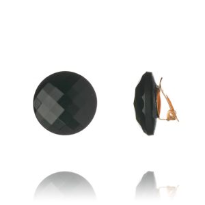 Multi-faceted black button clip-on earrings with a paddle back clip, 2cm