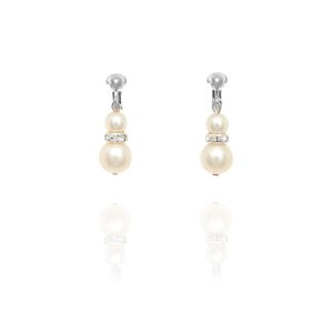Two faux pearl beads separated by a diamante rondelle on a silver clip-on drop, 4cm