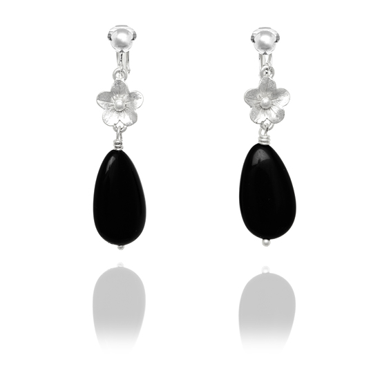 ERCL-MJ-63 Flower and Teardrop Clip On Earrings - Black and Silver - Make Me Beautiful - the clip on earrings specialists ERCL-MJ-63 Flower and Teardrop Clip On Earrings - Black and Silver
