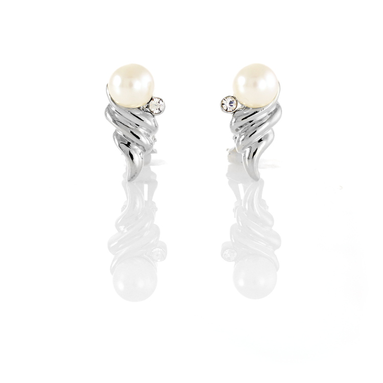 ERCL-RH-214-rodney-holman-pearl-orb-clip-earrings-silver - Make Me Beautiful - the clip on earrings specialists Rodney Holman clip-on earrings with a faux pearl orb above a rhodium swirl and cubic zirconia crystal, 2cm