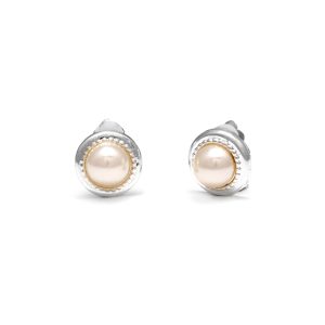 Rodney Holman rhodium clip-on earrings with a faux pearl centre framed by a raised pattern