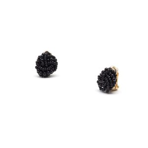 Woven black bead torsade clip-on earrings on a gold-tone paddle clip, 2cm